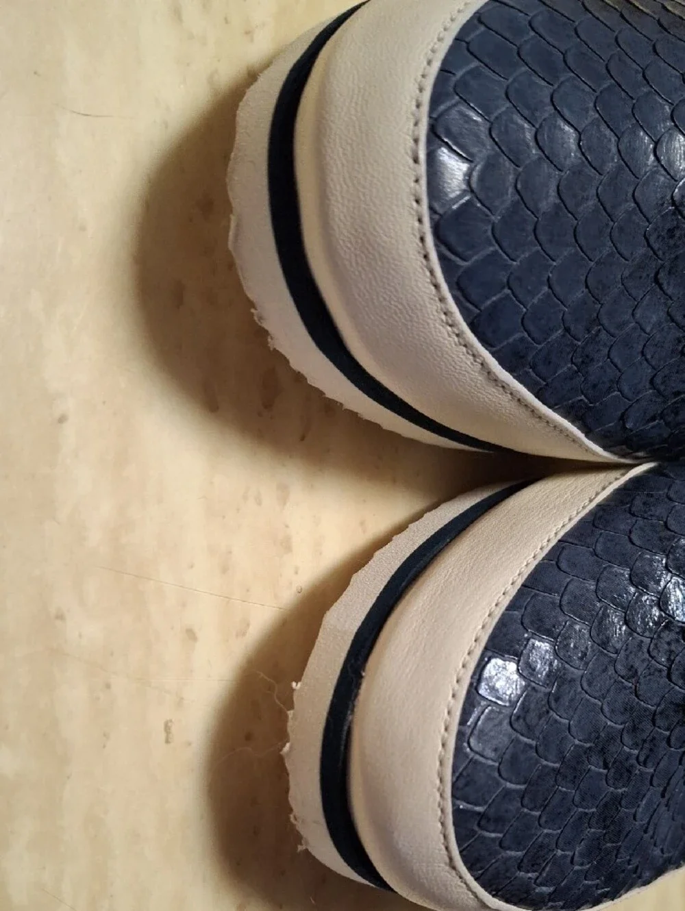 Ron White Navy Snake-Embossed Slip-On Flats with Cream Sole Size 38